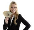 Confident young businesswoman holding currency notes and smiling