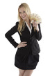 Confident young businesswoman holding currency notes and smiling
