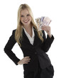 Confident young businesswoman holding currency notes and smiling