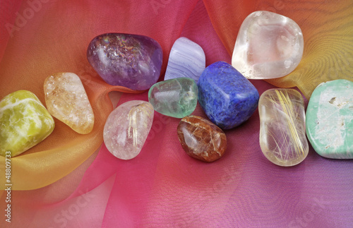 Photo: Chakra gemstones on Rainbow Chiffon Chakra gemstones on Rainbow Chiffon