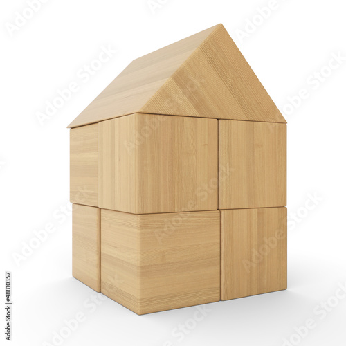 Illustration: Kleines Holzhaus aus Bauklötzen isoliert Kleines Holzhaus aus Bauklötzen isoliert