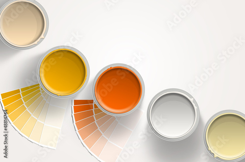 Illustration: Five paint cans - yellow, orange, white on white background Five paint cans - yellow, orange, white on white background