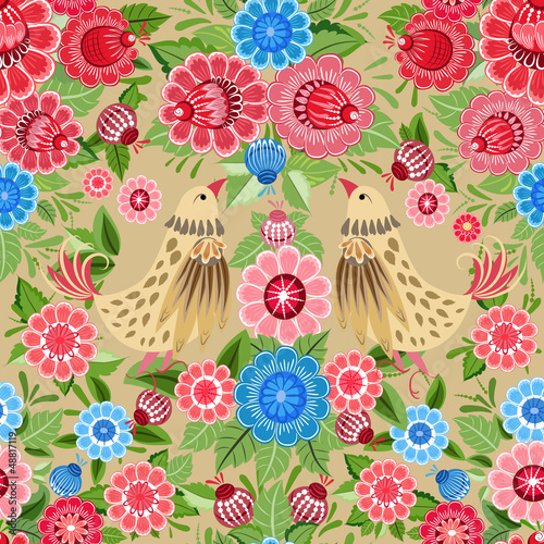 Vector: Flower texture with birds seamless Flower texture with birds seamless