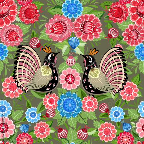 Vector: Flower texture with birds seamless Flower texture with birds seamless
