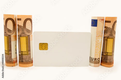 Photo: 50 € and credit-card white background 50 € and credit-card white background