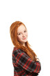 portrait girl with long red hair on white background