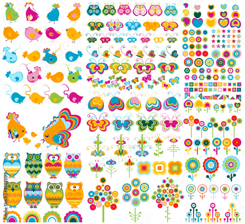 Vector: retro style elements; flowers, butterflies, birds retro style elements; flowers, butterflies, birds