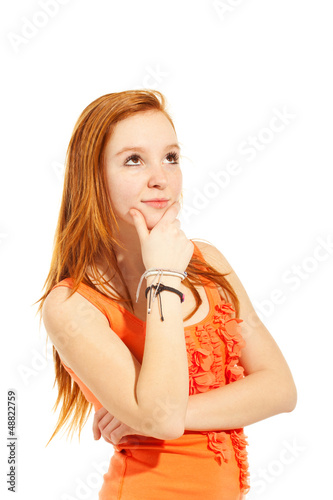 Photo: girl look up in studio, red long hair girl look up in studio, red long hair