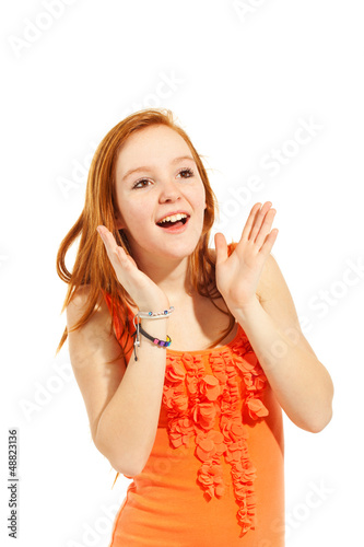 Photo: portrait teenager on white background, look up. portrait teenager on white background, look up.