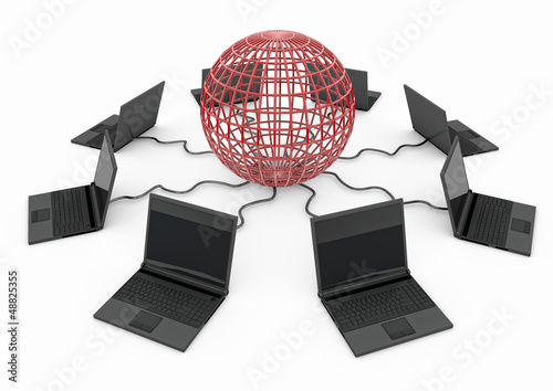 Illustration: World Wide Web with laptop computer - red - World Wide Web with laptop computer - red -