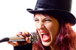 girl with microphone in  black top-hat