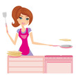 Chef girl fries pancakes on Shrovetide it is isolated on a white