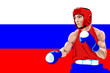 Vektor: Amateur boxer in protective uniform posing over Russia flag Amateur boxer in protective uniform posing over Russia flag
