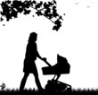 A young mother pushing the stroller in park in spring