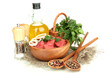 Raw beef meat in bowl with herbs, spices and cooking oil