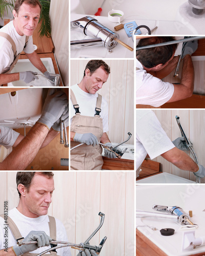 Photo: Montage of plumber repairing bathroom sink Montage of plumber repairing bathroom sink