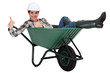 female bricklayer thumbs up in wheelbarrow
