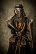 Medieval knight with sword and shield against stone wall