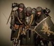 Two medieval knights carrying their buddy