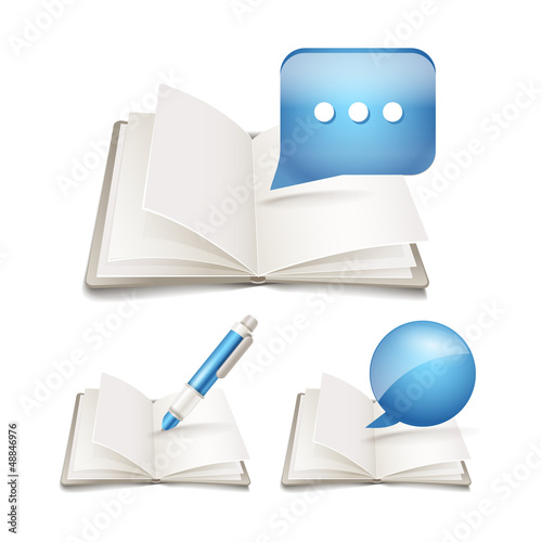 Vector: Open paper book with pen and speech clouds collection Open paper book with pen and speech clouds collection