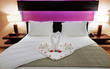 room in a hotel with swans from the towel on the newlyweds bed