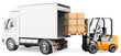 3D white people. Worker loading a truck with a forklift
