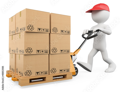 Illustration: 3D white people. Pallet truck 3D white people. Pallet truck