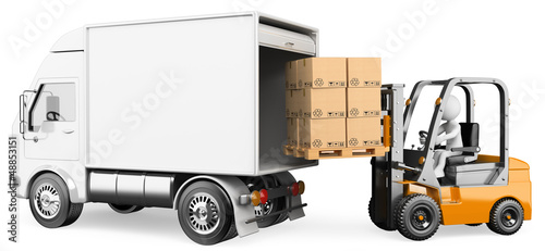 Illustration: 3D white people. Worker loading a truck with a forklift 3D white people. Worker loading a truck with a forklift