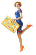 Photo: Pretty young girl in a jump with suitcase in hand Pretty young girl in a jump with suitcase in hand
