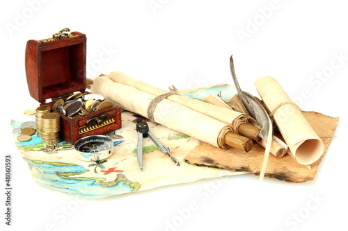 Photo: map and treasures, isolated on white map and treasures, isolated on white