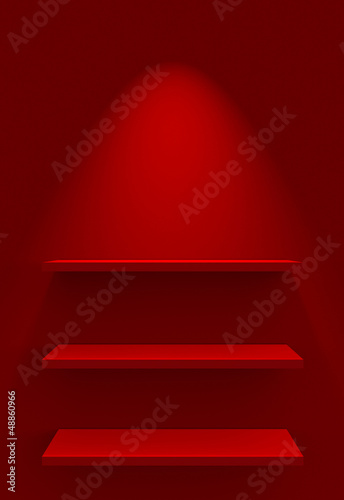 Illustration: Drei Regale an Wand mit Beleuchtung - Rot Drei Regale an Wand mit Beleuchtung - Rot