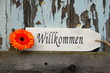 Willkommen Schild und Blume