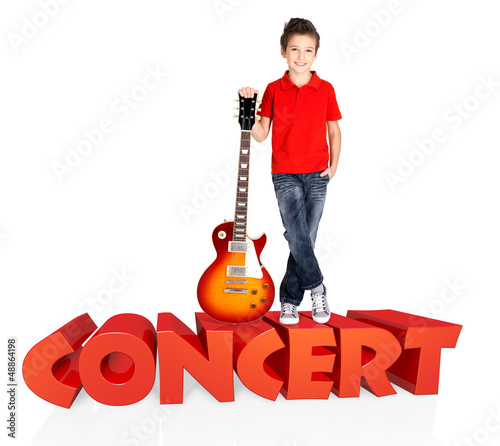 Photo: Boy with electric guitar with 3d text Boy with electric guitar with 3d text