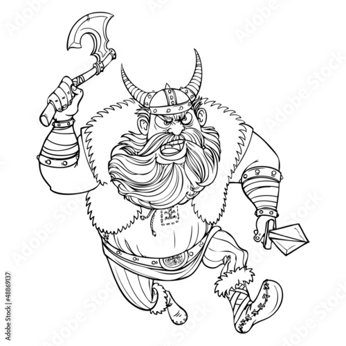 Vector: Ferocious Viking running with an ax at the enemy line drawing Ferocious Viking running with an ax at the enemy line drawing