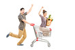 Foto: Young happy couple shopping, man pushing a shopping cart Young happy couple shopping, man pushing a shopping cart