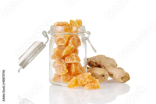Photo: candied ginger in a jar with root candied ginger in a jar with root
