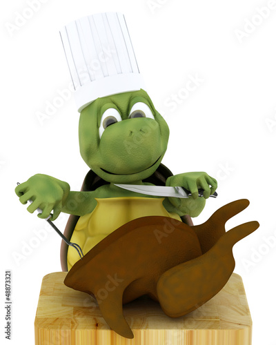Illustration: tortoise chef carving a chicken tortoise chef carving a chicken