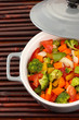 Vegetable stew in gray pot on bamboo mat background