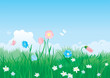 Vector: landscape of blue sky, butterflies, flowers and grass landscape of blue sky, butterflies, flowers and grass