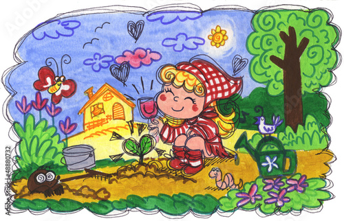 Illustration: Cute young girl is watering a newborn sprout. Cute young girl is watering a newborn sprout.