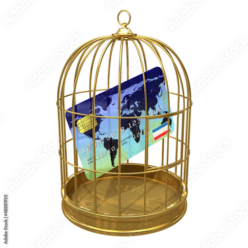 Illustration: Birdcage with credit card locked inside Birdcage with credit card locked inside