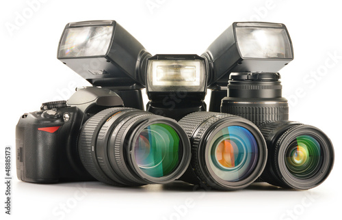 Photo: Photo equipment including zoom lenses, camera and flash lights Photo equipment including zoom lenses, camera and flash lights