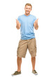Happy man thumbs up sign full length portrait on white backgroun