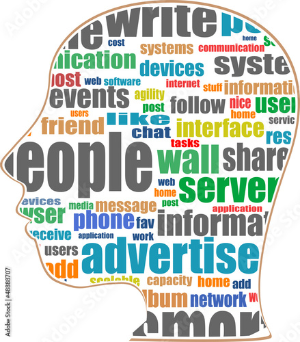 Illustration: Head with the words on the topic of social networking and media Head with the words on the topic of social networking and media