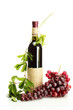 bottle of wine with grapes isolated on white