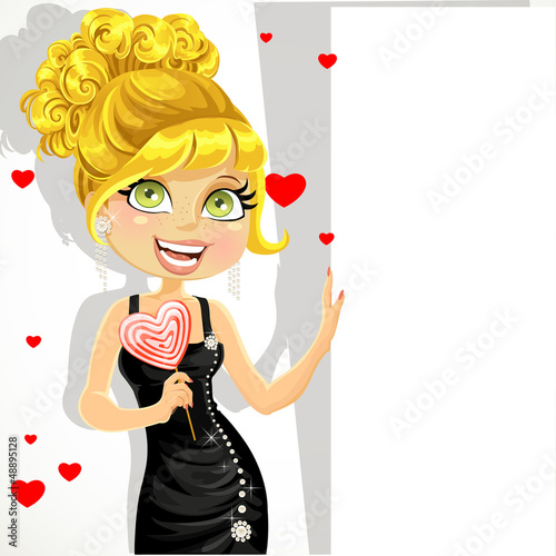 Vector: Beautiful girl in evening dress with sweet-heart candy Beautiful girl in evening dress with sweet-heart candy
