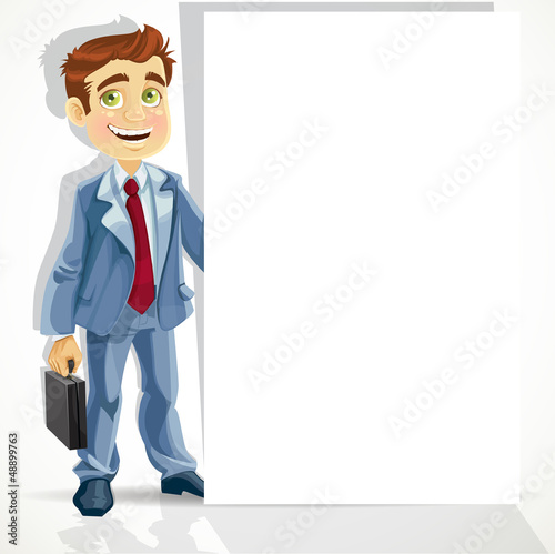 Vector: Cute businessman hold big blank banner Cute businessman hold big blank banner