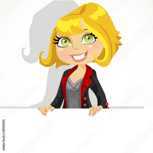 Vector: Cute girl holding a large horizontal banner Cute girl holding a large horizontal banner