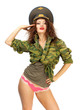 Beautiful girl in a Russian officer's cap on a white background.