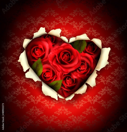 Vector: Valentine Heart Card Design. Red roses and ripped paper heart. V Valentine Heart Card Design. Red roses and ripped paper heart. V